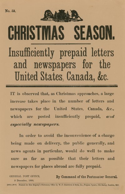 Aviso de franqueo navideño por orden del Director General de Correos, 9 de diciembre de 1890 de English School