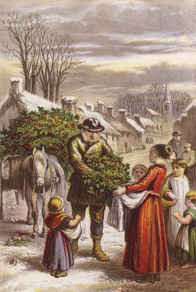 Época navideña - vendiendo acebo en un pueblo cubierto de nieve de English School