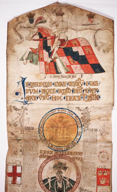 Crónica de la historia del mundo desde la creación hasta Woden, con una genealogía de Eduardo IV (Rollo de Eduardo IV), sección inicial con un retrato de Eduardo IV a caballo, un medallón con Dios y otro de English School
