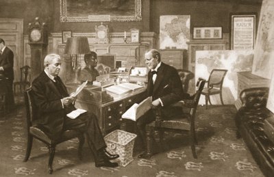 Churchill y Fisher trabajando: el Primer Lord en su habitación en el Almirantazgo con el Primer Lord del Mar, de The Illustrated War News, 1915 de English School