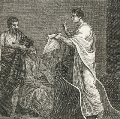 Cicerón acusando a Catilina en la Cámara del Senado (grabado) de English School