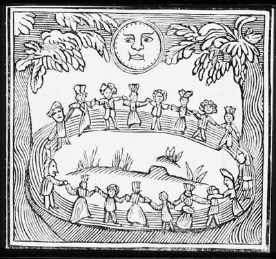 Círculo de Brujas Bailando Bajo la Luna Llena, ilustración de una colección de folletos sobre esoterismo de English School