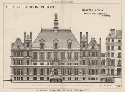 Escuela de la Ciudad de Londres; elevación frente al Victoria Embankment de English School