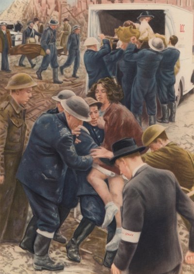 Escuadrones de rescate de defensa civil recuperando a las víctimas de un ataque aéreo de entre los escombros de sus casas durante el Blitz, Segunda Guerra Mundial. de English School
