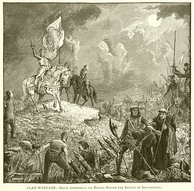 Guerra de clanes.--Bruce dirigiéndose a sus tropas antes de la batalla de Bannockburn de English School