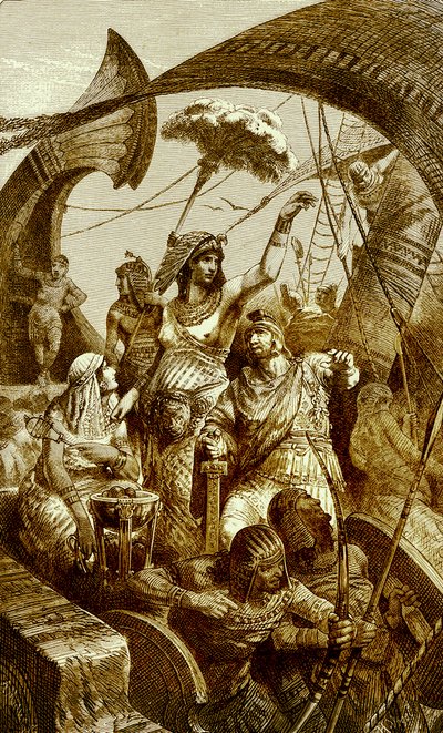 Cleopatra en la Batalla de Actium, ilustración de The Illustrated History of the World, publicado c.1880 de English School