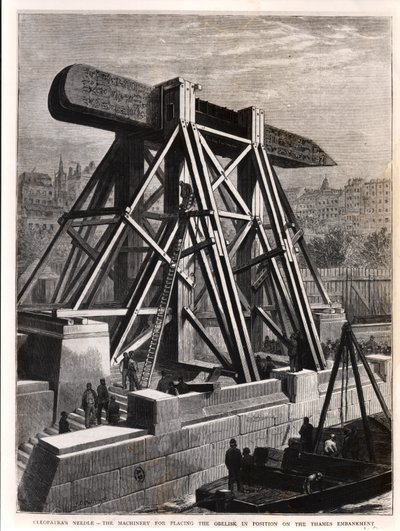 La aguja de Cleopatra: La maquinaria para colocar el obelisco en posición en el terraplén del Támesis, 1878 de English School