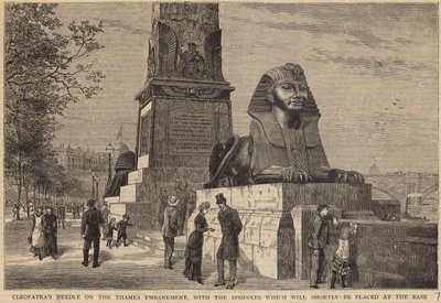 Aguja de Cleopatra en el Embankment del Támesis con las Esfinges que pronto se colocarán en la base de English School
