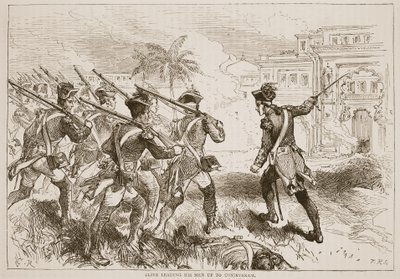Clive liderando a sus hombres hacia Conjeveram, ilustración de Cassells Illustrated History of India de James Grant, pub. 1879 de English School