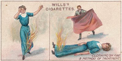 Ropa en llamas, no.34 de la serie de primeros auxilios de las tarjetas de cigarrillos de Willss, 1913 de English School