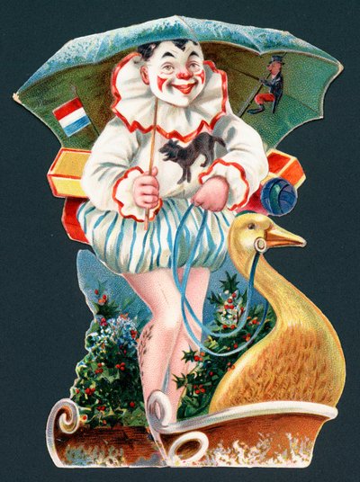 Payaso sosteniendo un paraguas en un trineo de ganso, tarjeta de Navidad de English School