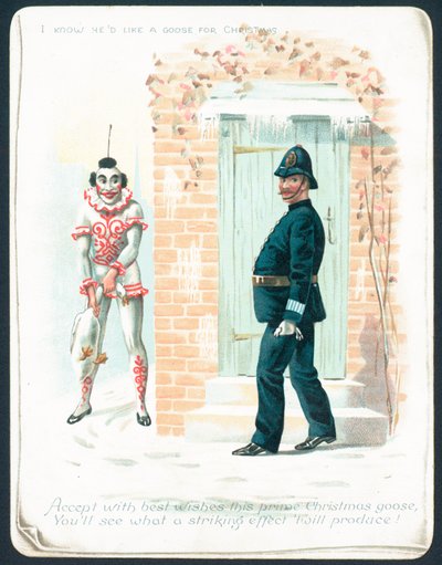 Payaso esperando al policía con un ganso, tarjeta de Navidad de English School
