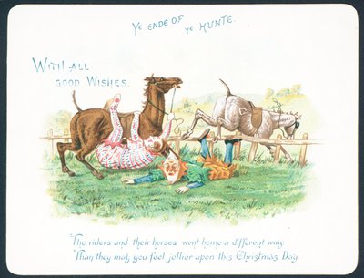 Payasos cayendo de sus caballos mientras cazan, tarjeta de Navidad de English School