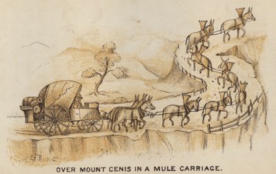 Autocares y entrenadores: sobre el Monte Cenis en un carruaje de mulas (litografía) de English School