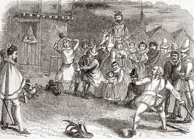 Lanzamiento de gallos, también conocido como cock-shying o lanzamiento a los gallos, de la Vieja Inglaterra: A Pictorial Museum, pub. 1847 de English School