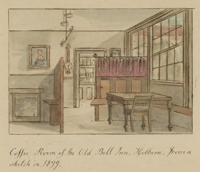 Sala de café de la Antigua Posada Bell, Holborn, Londres, de un boceto en 1899 de English School