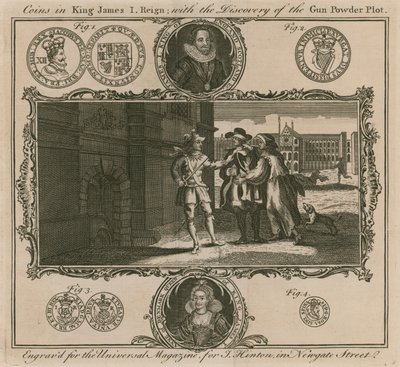 Monedas en el reinado del Rey James I, con el descubrimiento de la Conspiración de la Pólvora de English School