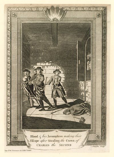 El Coronel Blood y sus cómplices escapando después de robar la corona del rey Carlos II de English School