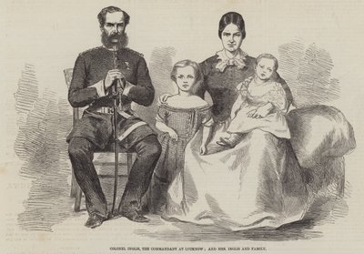 Coronel Inglis, el comandante en Lucknow, y la Sra. Inglis y familia (grabado) de English School
