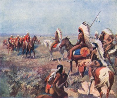 Coronel Macleod, de la Real Policía Montada del Noroeste, tratando con indios en Fort Macleod (litografía en color) de English School