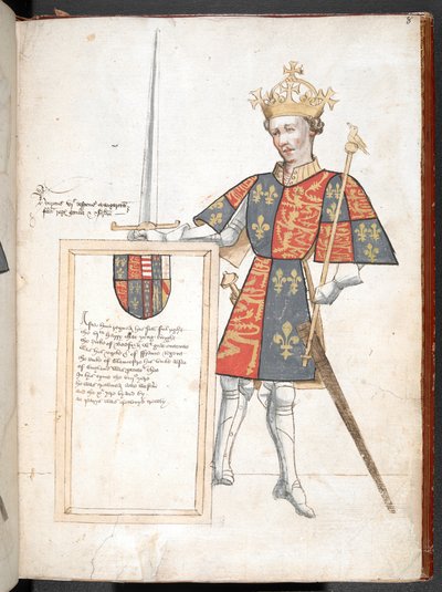 Dibujo coloreado de un rey inglés con armadura y tabardo (Enrique VI), presentando una placa con versos, ilustración del 