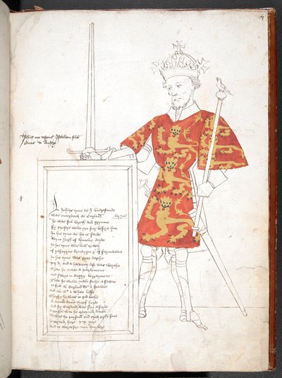 Dibujo coloreado de un rey inglés con armadura y tabardo (el rey Juan), presentando una placa con versos. Inacabado. de English School
