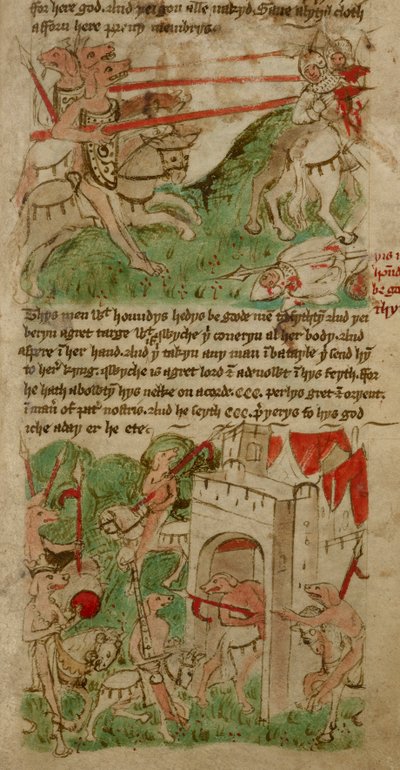 Dibujos en color que representan a las personas con cabeza de perro ("Cynocephalus") de la isla Nacumera, de 