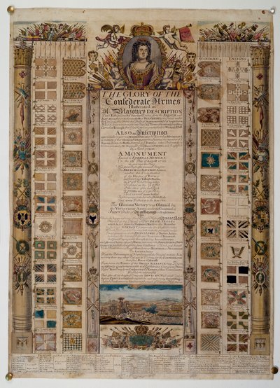 Gráfico conmemorativo que muestra los estandartes capturados a los franceses después de la Batalla de Blenheim, c.1704 de English School