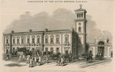 Finalización del Ferrocarril del Sureste: Gran estación conjunta de la Compañía de Ferrocarriles de Croydon, Brighton y Dover, Southwark, Londres de English School