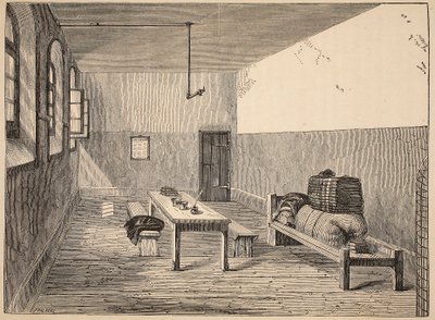 Celda de condenados, Newgate, ilustración de Las prisiones criminales de Londres y escenas de la vida en prisión de Henry Mayhew y John Binny, pub. 1862 de English School