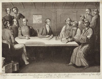 Conferencia en Chusan entre el comodoro Bremer y un oficial chino en el HMS Wellesley 4 de julio de 1841 de English School
