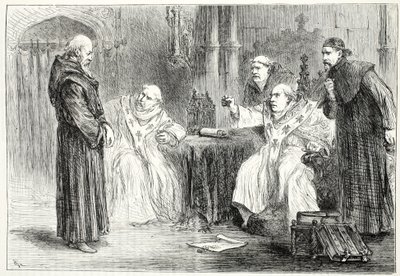 Conferencia entre Thorpe y Arundel, ilustración de La Historia del Protestantismo de James Aitken Wylie, pub. 1878 de English School