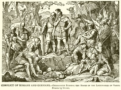 Conflicto de romanos y alemanes.--Germanicus enterrando los huesos de los legionarios de Varo de English School