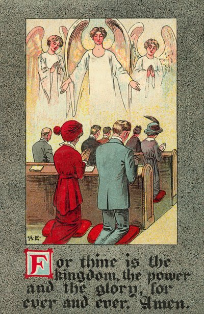 Congregación recitando el Padrenuestro (litografía en color) de English School
