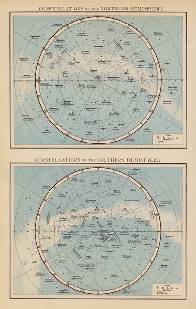 Constelaciones del Hemisferio Norte; Constelaciones del Hemisferio Sur (litografía en color) de English School