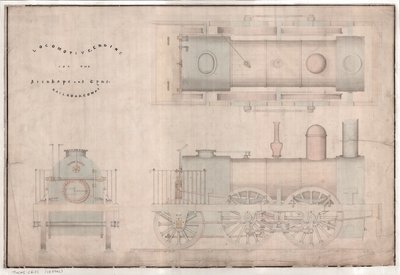 Dibujo de construcción, locomotora 0-4-2 y tender por R. y W. Hawthorn y Co. para la Stanhope and Tyne Railway Co de English School