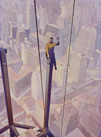 Trabajador de la construcción en el armazón de acero de un rascacielos sobre las calles de la ciudad de Nueva York, Nueva York, EE.UU. de English School