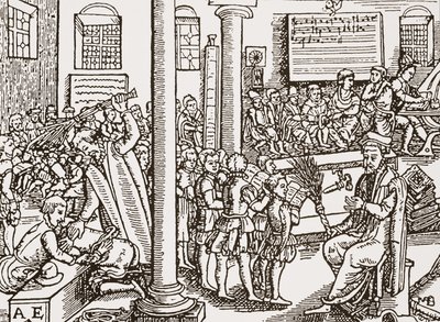 Grabado contemporáneo de una escuela de gramática Tudor de English School