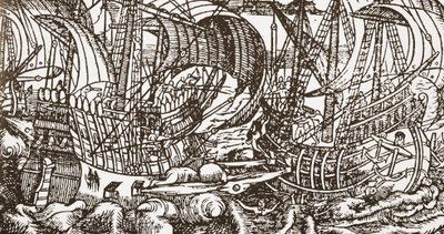 Grabado contemporáneo de un barco de guerra en el mar de English School