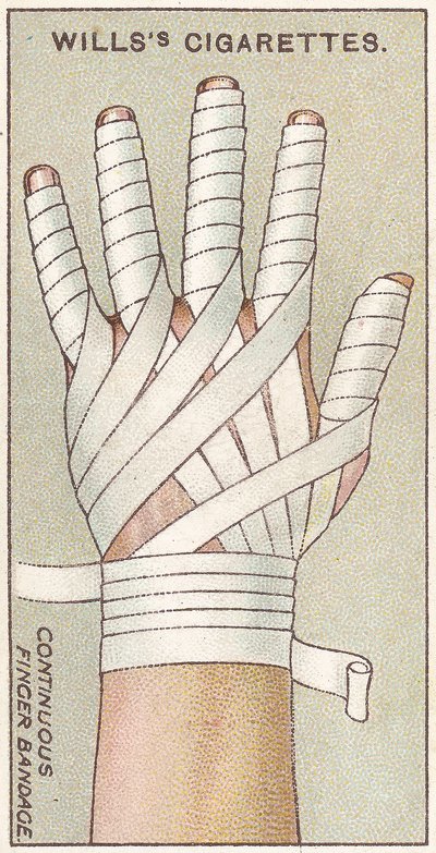 Vendaje continuo para dedo, no.48 de la serie de Primeros Auxilios de las tarjetas de cigarrillos de Willss, 1913 de English School