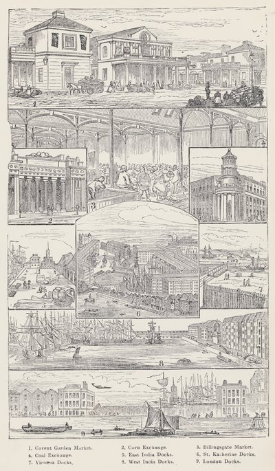 Mercado de Convent Garden, Bolsa de Cereales, Mercado de Billingsgate, Bolsa de Carbón, Muelles de la India Oriental, Muelles de Santa Catalina, Muelles de Victoria, Muelles de la India Occidental, Muelles de Londres de English School