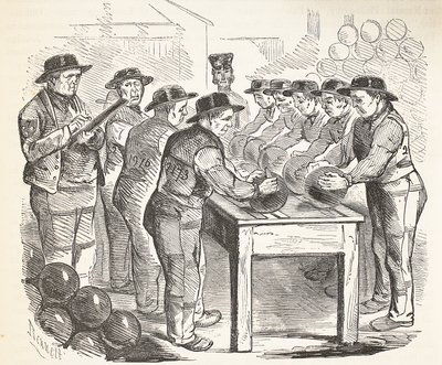 Convictos raspando balas, ilustración de Las prisiones criminales de Londres y escenas de la vida en prisión de Henry Mayhew y John Binny, pub. 1862 de English School