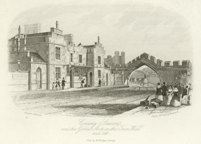 Estación de Conwy y el arco gótico en la muralla de la ciudad, construido en 1847 de English School