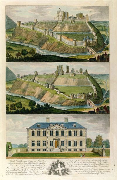 Castillo de Corfe en su estado original, como una ruina, y Kingston Hall, residencia de Henry Bankes de English School