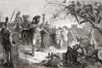 Coriolano regresa como enemigo a Roma tras su exilio, de la Historia Ilustrada del Mundo de Ward y Lock, pub. c.1882 de English School