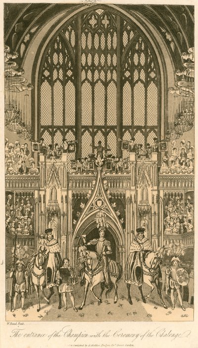 Banquete de Coronación del Rey Jorge IV en el Salón de Westminster, 17 de julio de 1821; La entrada del Campeón con la Ceremonia del Desafío de English School