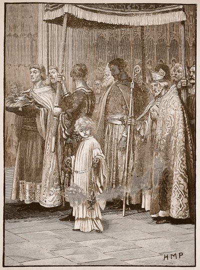 Coronación de Ricardo en la Abadía de Westminster: la procesión por el pasillo, ilustración de Cassells Illustrated History of England de English School