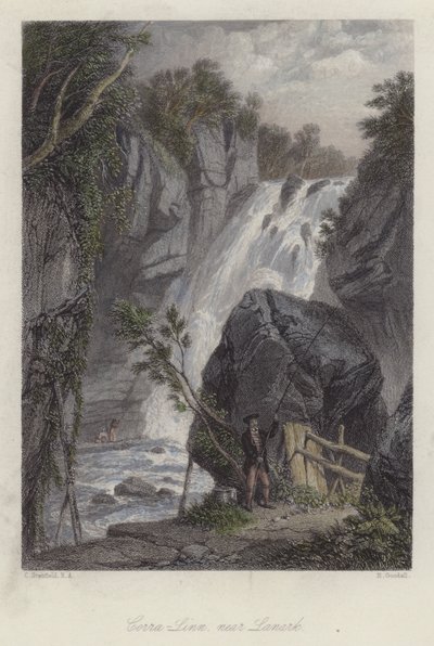 Corra Linn, cerca de Lanark, Escocia (grabado en color) de English School