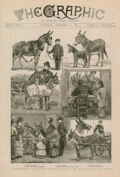 Exhibición de ponis y burros en el jubileo de los vendedores ambulantes en el Palacio del Pueblo, Este de Londres de English School