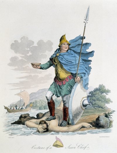 Traje de un líder sajón - en "Celtas y Godos, costumbres de los habitantes de las Islas Británicas del siglo VI temprano y las naciones godas de la costa oeste del Báltico", por S.R. Meyrick y Ch. Smith de English School